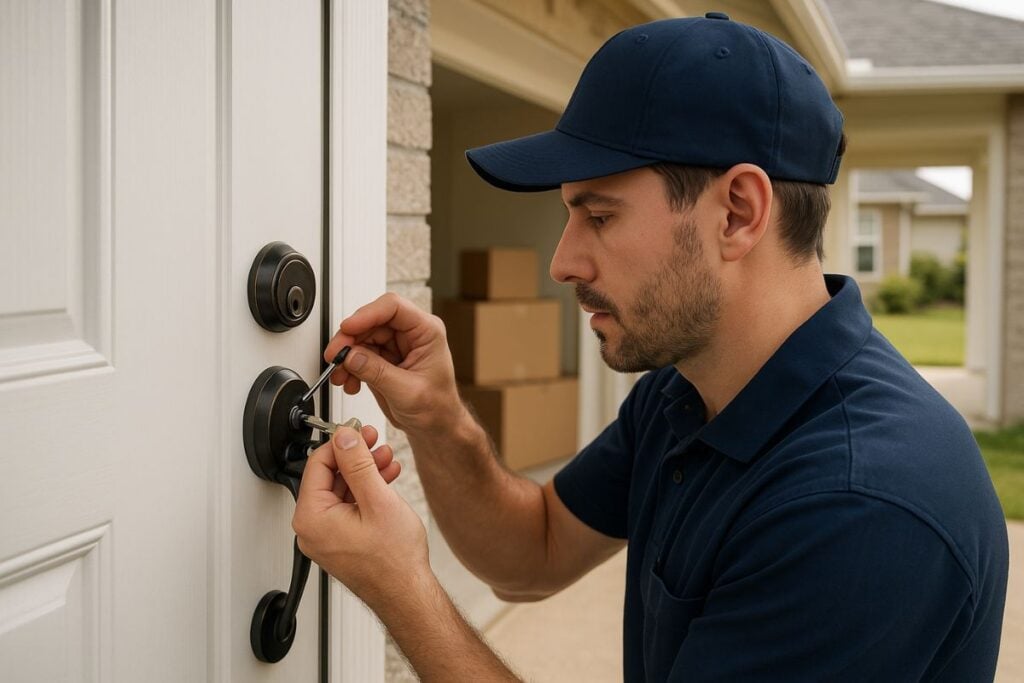 Residential locksmith working on a house door lock.