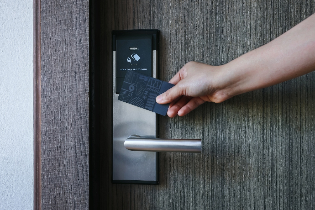 Unlocking a door with a keycard.