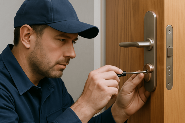 A professional locksmith fixing the door