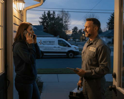 locksmith arriving at a house to help a woman during an evening emergency