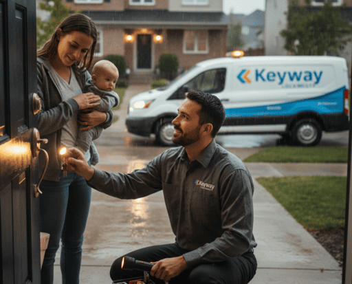 locksmith helping a woman and baby at their front door