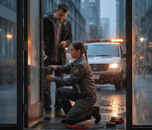Locksmith repairing a commercial door on an emergency hour