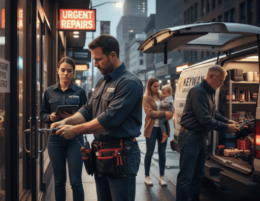 locksmith repairing a door lock on a city street
