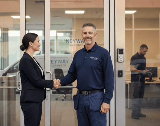 Locksmith shaking hands with a business owner