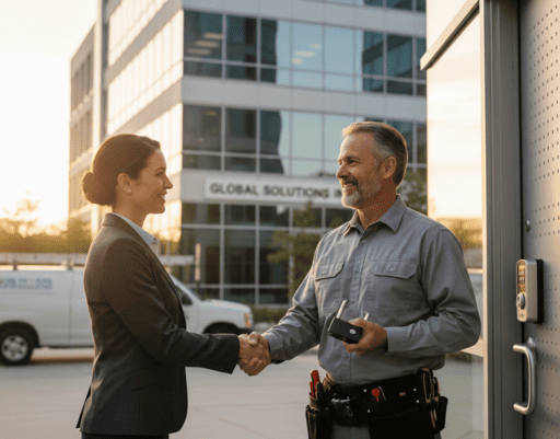 Locksmith shaking hands with a businesswoman