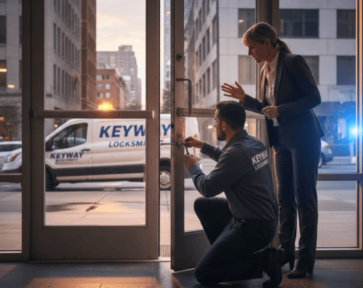 locksmith working on a commercial glass door