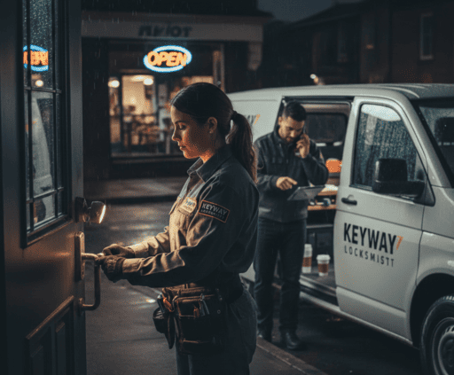 locksmith working on a door lock at night
