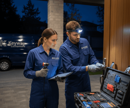 Locksmiths using tools to perform a damage-free entry on residential door