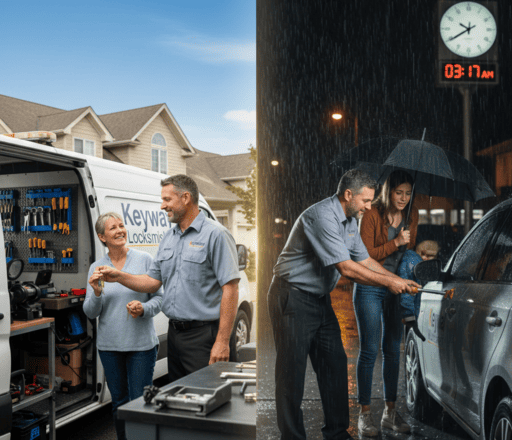 Split-screen of a locksmith during the day versus on a rainy night