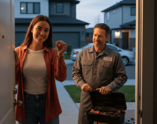 woman smiling and holding keys with help of locksmith