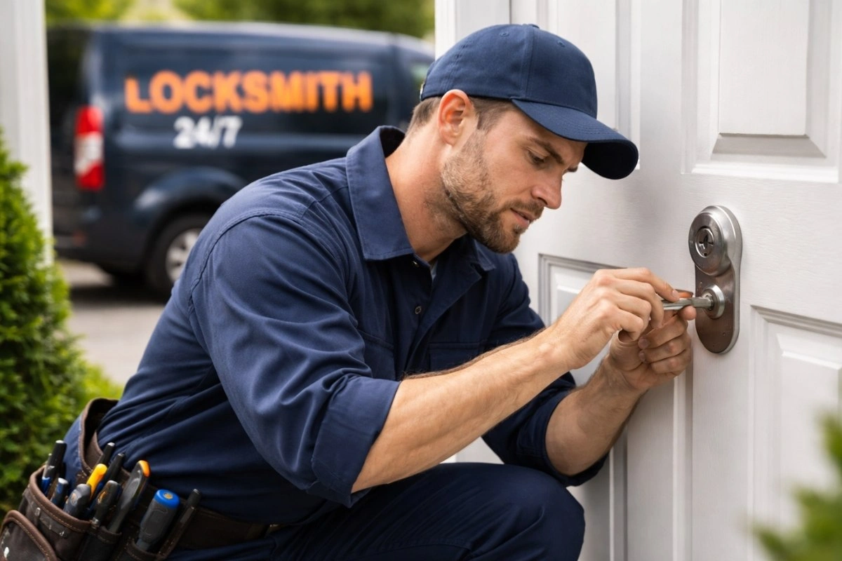 Emergency locksmith opening a door lock.