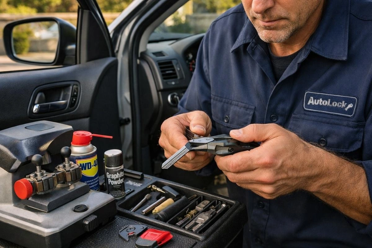 Locksmith repairing bent car key outdoors.