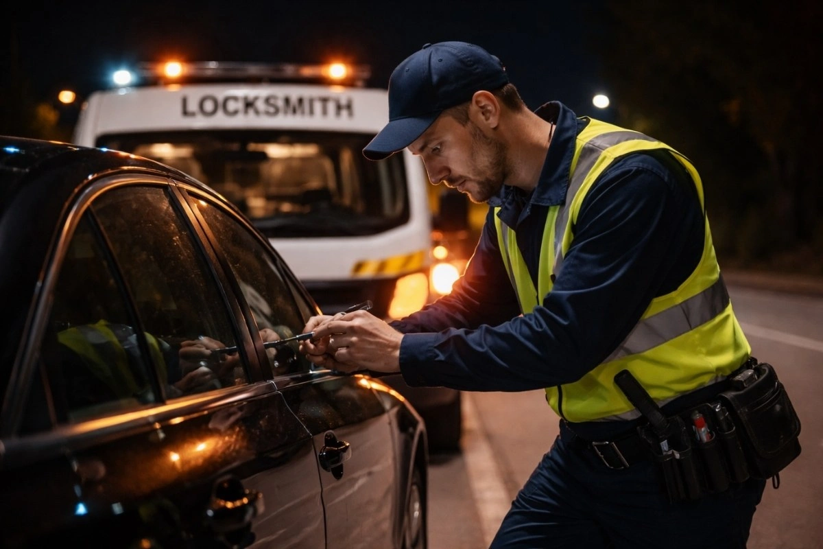 Locksmith unlocking car at night roadside.