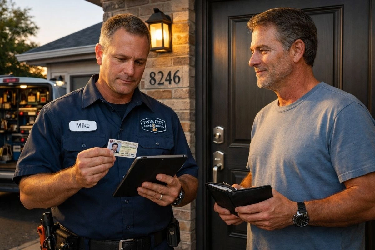 Locksmith verifying homeowner ID at front door.