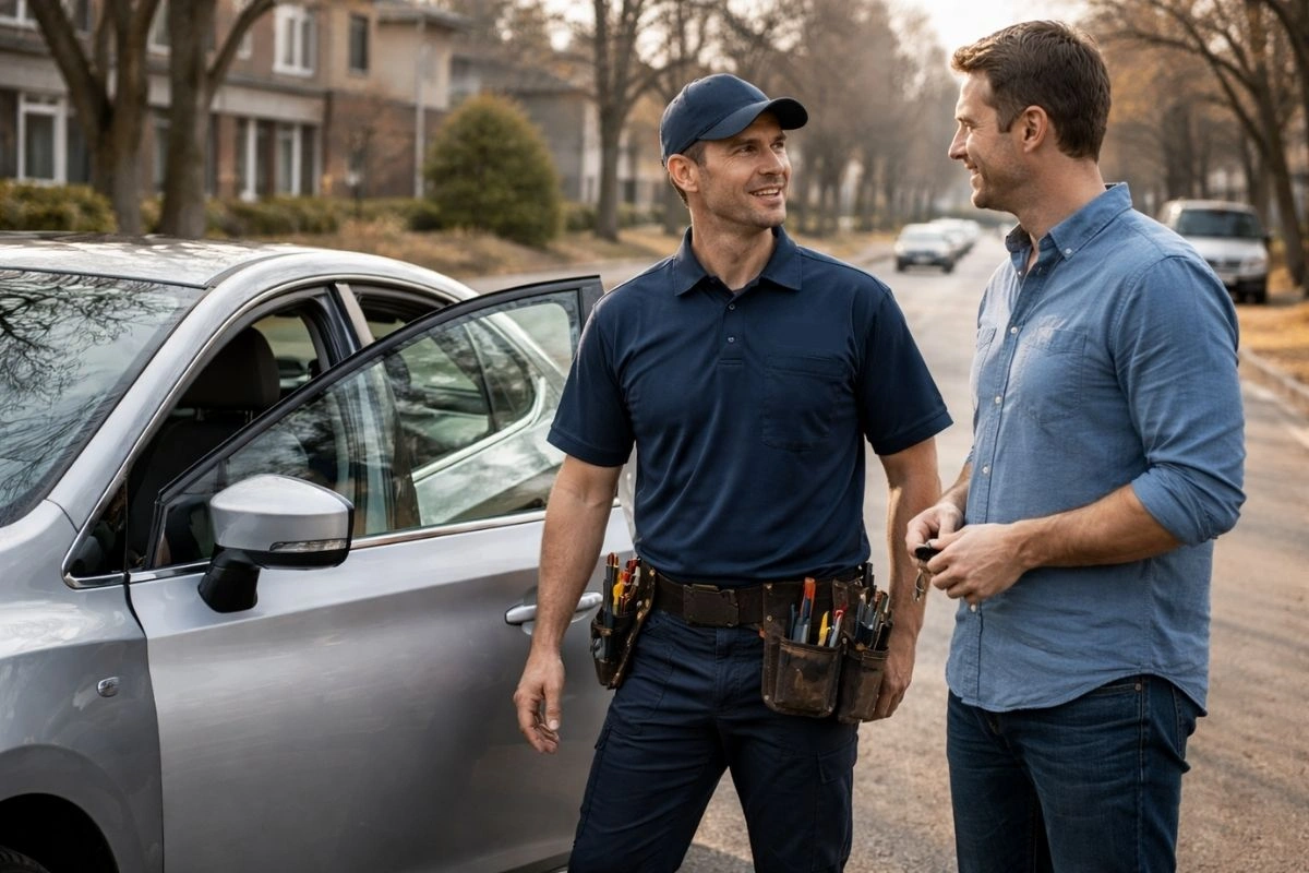 The locksmith speaks with the driver after successful service.