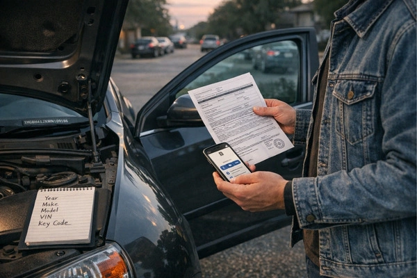 Car owner checking VIN and documents.