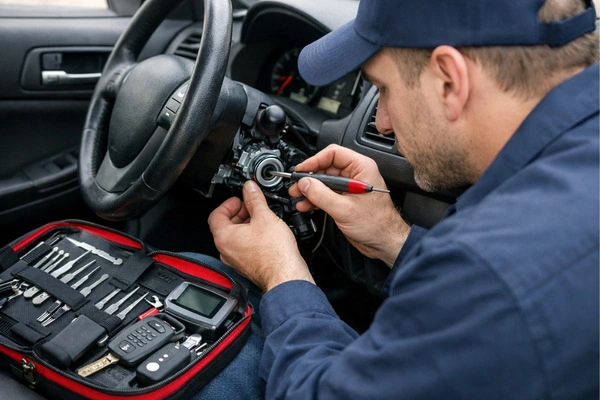 Locksmith repairing car ignition system.