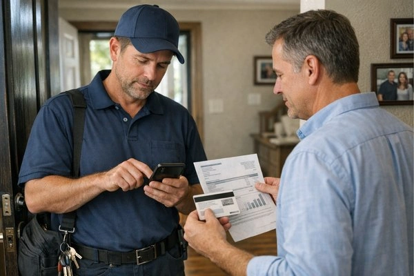Locksmith reviewing ID and utility bill.