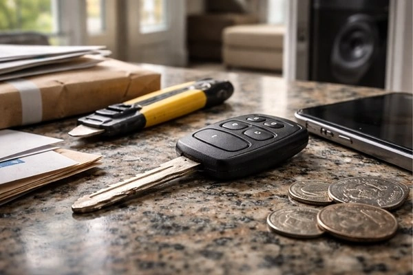 Worn car key with visible damage.