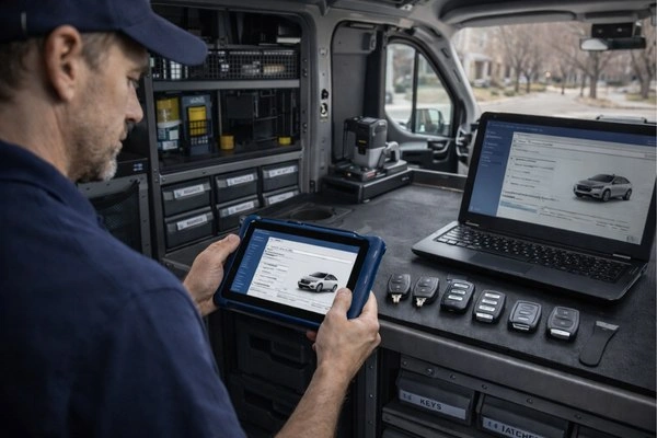 Automotive Locksmith reviewing vehicle information in service van.
