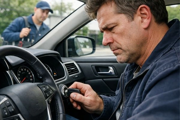 Driver struggling with key stuck in car ignition.