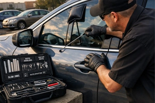Locksmith opening car with long reach tool.