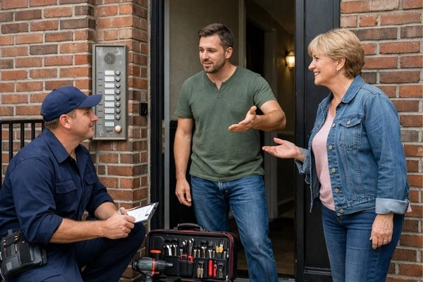 Neighbor confirming tenant identity during lockout.