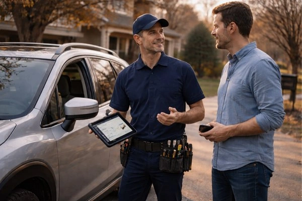 The locksmith spoke calmly with the vehicle owner before beginning service.