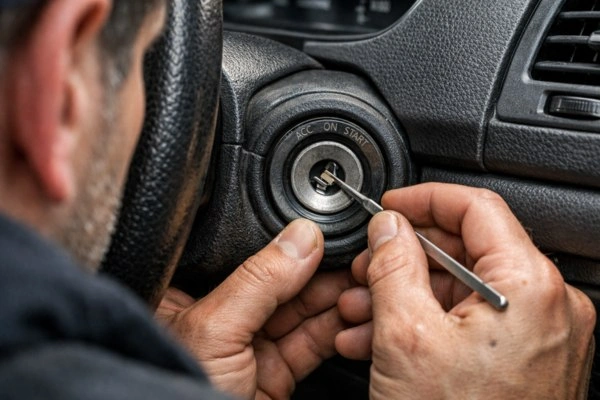 Locksmith removing broken key from ignition.