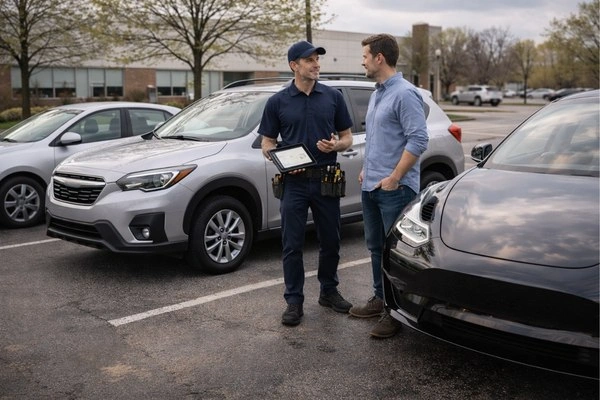 The three vehicles side-by-side with the locksmith explaining service options to a client.