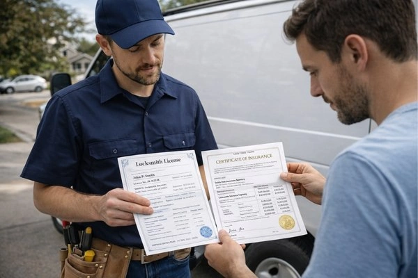 Locksmith showing certification beside service van.