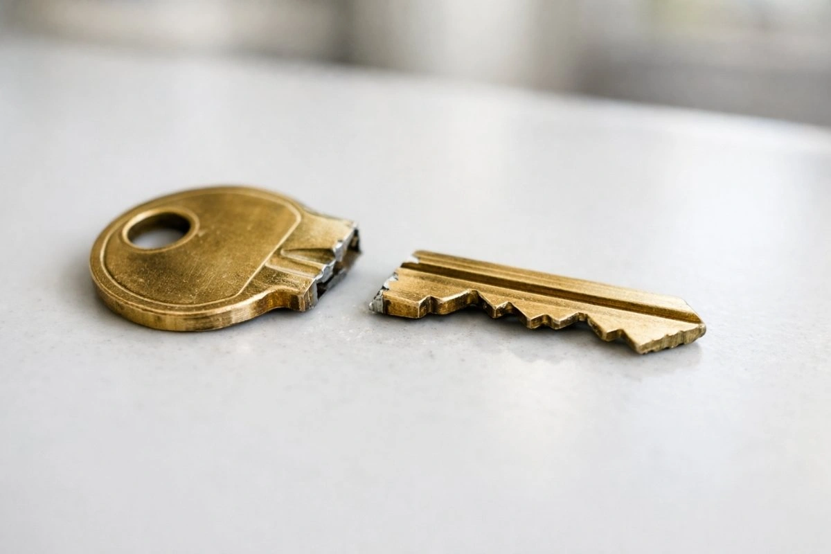 Broken house key in two pieces showing the bitting pattern a locksmith uses to cut a copy