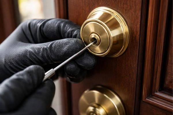 Professional locksmith extracting a broken key from a residential deadbolt lock