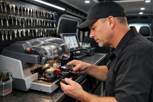 Automotive locksmith cutting a transponder car key on a mobile key machine